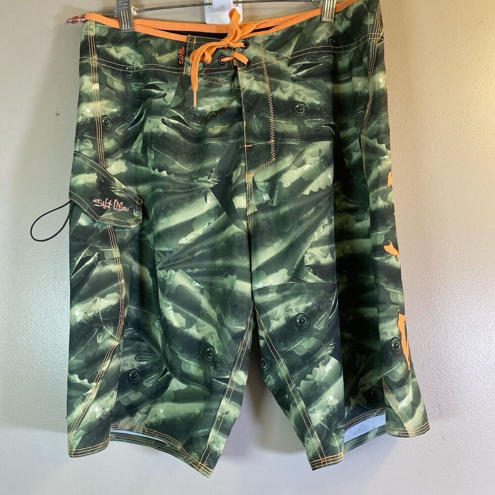 SALT LIFE Men Board Shorts  32 Vapor Stretch SLX-QD Cargo Pocket Fish Print Camo